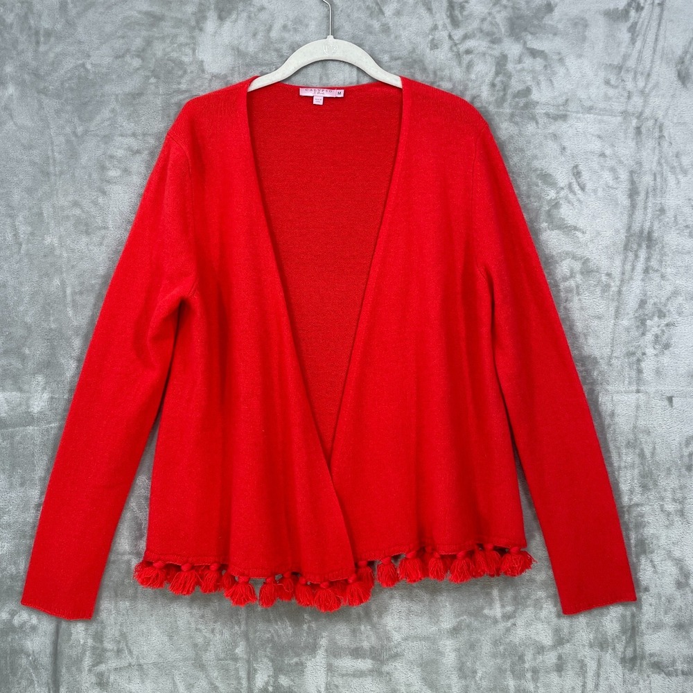 Calypso St. Barth 100% Cashmere Size M Open front Cardigan Red Tassel Fringe